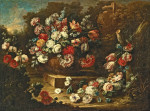 ₴ Картина натюрморт художника от 181 грн.: Цветы в орнаментальной урне на фоне пейзажа