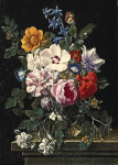 ₴ Репродукция натюрморт от 300 грн.: Цветы в стеклянной вазе, бабочка и жук на каменном выступе