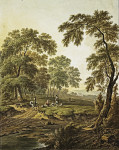₴ Репродукция пейзаж от 242 грн.: Лесной луг с ручьем, по дороге всадник на белом коне, отдыхающие с собакой