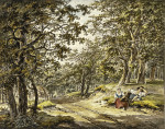 ₴ Картина пейзаж художника от 191 грн.: Путь через лес мимо усадьбы, впереди отдыхающие фермер и жена фермера со своими корзинами