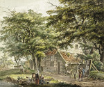 ₴ Картина пейзаж художника от 200 грн.: Ферма под деревьями, слева мужчина с тачкой
