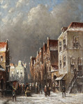 ₴ Картина городской пейзаж художника от 145 грн.: Вид на улицу зимой с фигурами у прилавка