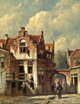 ₴ Картина городской пейзаж художника от 195 грн.: Солнечная голландская улица и люди у городских ворот