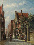 ₴ Картина городской пейзаж художника от 195 грн.: Солнечная улица с продавцом овощей