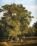 ₴ Картина пейзаж художника от 187 грн.: Четверо мужчин отдыхают на опушке дубового леса