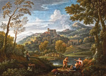 ₴ Репродукция пейзаж от 223 грн.: Итальянский пейзаж с фигурами на передне плане, город на холме в отдалении