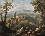₴ Репродукция пейзаж от 253 грн.: Итальянский пейзаж с фигурами, деревня на холме и церковь в отдалении