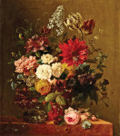 ₴ Репродукция натюрморт от 328 грн.: Розы, пионы, тюльпаны, нарциссы, вьюнок и другие цветы  в вазе на мраморном выступе