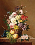 ₴ Репродукция натюрморт от 247 грн.: Летние цветы в вазе с виноградом и персиками на мраморном выступе