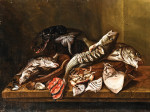 ₴ Картина натюрморт художника от 181 грн.: Рыба, перевернутый краб, устрицы, раковины молюска и рыбные стейки, скаты и омар, все на столе в интерьере
