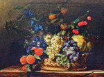 ₴ Картина натюрморт художника от 181 грн.: Виноград, абрикосы, сливы, вишни, лимоны и мушмула в корзине на деревянном столе