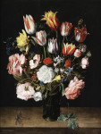 ₴ Картина натюрморт известного художника от 151 грн.: Тюльпаны, розы, колокольчики, нарциссы, пионы и другие цветы в стеклянной вазе на деревянном выступе со стрекозой