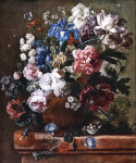 ₴ Репродукція картини натюрморт від 306 грн.: Квіти у теракотовій вазі та пташине гніздо на кам'яному виступі
