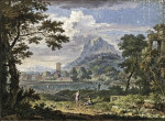 ₴ Репродукция пейзаж от 306 грн.: Итальянский пейзаж с городком у высокой горы, права развалины храма, на переднем плане две фигуры и собака
