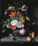 ₴ Репродукция натюрморт от 237 грн.: Цветы и ветвь персика в скульптурной вазе, стоящей на выступе