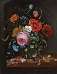 ₴ Репродукция натюрморт от 430 грн.: Цветы в стеклянной вазе на выступе, с насекомыми и ракушками