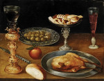 ₴ Картина натюрморт известного художника от 172 грн.: Натюрморт с жареной птицей на оловянном блюде, бокалами и другими объектами