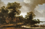 ₴ Репродукция пейзаж от 211 грн.: Пейзаж с прудом и фермерскими домами под большими деревьями