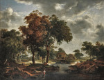 ₴ Картина пейзаж відомого художника від 247 грн: Лесной речной пейзаж з фигурами на дороге