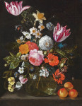₴ Репродукция натюрморт от 325 грн.: Цветы в стеклянной вазе на каменной плите с насекомыми и абрикосами