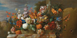 ₴ Репродукция натюрморт от 169 грн.: Тюльпаны, пионы и другие цветы в корзине на плинтусе, сад в отдалении