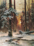 ₴ Репродукція краєвид від 200 грн.: Зимовий захід сонця в ялиновому лісі