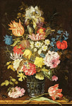₴ Репродукція картини натюрморт від 213 грн.: Натюрморт квітів у скляному бікері на кам'яному виступі, разом із ящіркою та комахами