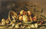 ₴ Репродукція картини натюрморт від 211 грн.: Натюрморт з кошиком мушель, тарілка з фруктами та комахами