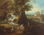 ₴ Картина пейзаж художника от 195 грн.: Пейзаж с водопадом, прачками и кавалером