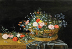 ₴ Репродукция натюрморт от 217 грн.: Цветы в корзинке на частично задрапированнном столе
