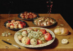 ₴ Репродукция натюрморт от 185 грн.: Натюрморт из фруктов, орехов, хлеба и двух бокалов вина