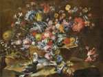 ₴ Репродукція натюрморт від 198 грн.: Натюрморт з букетом квітів, включаючи троянди та тюльпани, у кошику з двома голубами