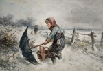 ₴ Репродукция бытовой жанр от 223 грн.: Молодая девушка с зонтиком в снег