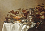 ₴ Репродукция натюрморт от 223 грн.: Серебряная тарелка с двумя ремерами, нарезанной ветчиной и рыбой, миска Ван-ли, хлеб, оловянный кувшин и плетеная корзина с виноградом и виноградными лозами на частично задрапированном столе