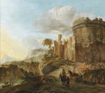 ₴ Репродукция пейзаж от 277 грн.: Итальянский пейзаж с руинами замка и путниками на дороге