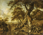₴ Картина пейзаж художника от 195 грн.: Речной пейзаж с рыбаком и охотником