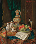 ₴ Картина натюрморт художника от 183 грн.: Натюрморт с кувшином, тарелкой фруктов и газетой