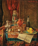 ₴ Картина натюрморт художника от 180 грн.: Роскошный натюрморт с бокалом шампанского и кувшином майолики