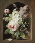 ₴ Картина натюрморт художника от 183 грн.: Розы, гиацинт и другие цветы в стеклянной вазе в каменной нише