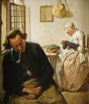 ₴ Картина бытового жанра художника от 176 грн.: Интерьер со спящим мужчиной и женщина штопающая носки