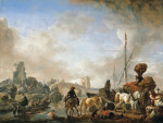 ₴ Картина бытового жанра известного художника от 186 грн.: Итальянский пейзаж с купальщицами, купающимися в реке, и группой мужчин выгружающих судно