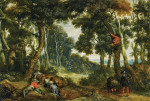 ₴ Картина пейзаж художника от 168 грн.: Лесной пейзаж с играющими разбойниками, другой на деререве, на страже