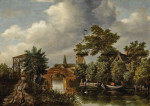 ₴ Картина пейзаж художника от 177 грн.: Речной пейзаж с деревянными воротами, мостом, деревней, лодкой и фигурами