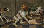 ₴ Картина натюрморт известного художника от 158 грн.: Две собаки с куском мяса, корзина с дичью и овощами
