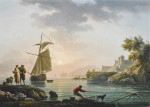 ⚓Репродукція морський краєвид від 337 грн.: Середземноморський порт на заході сонця з рибалкою і парою, що прогулюється