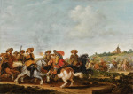 ₴ Картина батального жанра художника от 177 грн.: Битва кавалерии в пейзаже, церковь в отдалении