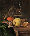 ₴ Картина натюрморт художника от 155 грн.: Айва, апельсин и мушмула в китайской фарфоровой миске, с бокалом вина и ножом на столешнице, задрапированной зеленой тканью