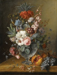 ₴ Репродукция натюрморт от 331 грн.: Цветы в стеклянной вазе с жимолостью, гранат и виноград на мраморном выступе