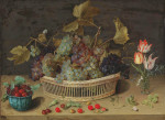 ₴ Картина натюрморт художника от 199 грн.: Фрукты и цветы с виноградом в плетеной корзине и ежевикой в ​​фарфоровой миске