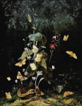 ₴ Картина натюрморт художника от 210 грн.: Дикие цветы, цикломен, крокус, дельфиний со змеей и бабочками